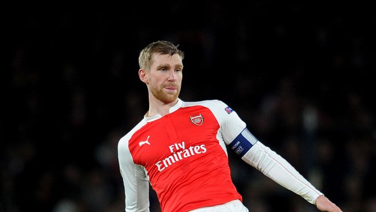 LONDON, ENGLAND - FEBRUARY 23:  Per Mertesacker of Arsenal during the UEFA Champions League Round of 16, 