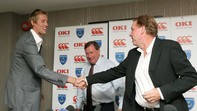 Peter Crouch (L) and manager Harry Redknapp (R)  shake hands after the striker signs for Portsmouth