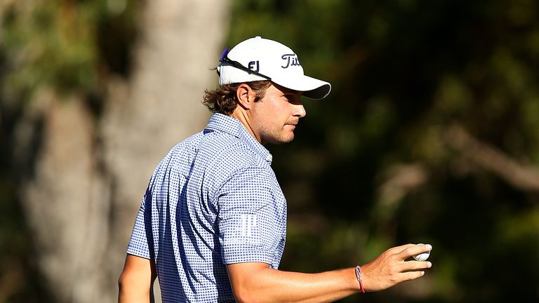 PERTH, AUSTRALIA - FEBRUARY 25:  Peter Uihlein of the USA acknowledges the gallery on the 18th green after completing his first round during day one of the
