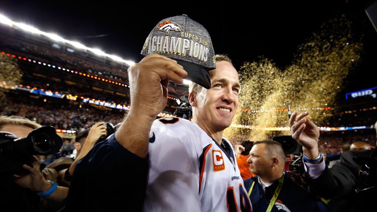 SANTA CLARA, CA - FEBRUARY 07:  Peyton Manning #18 of the Denver Broncos celebrates after defeating the Carolina Panthers