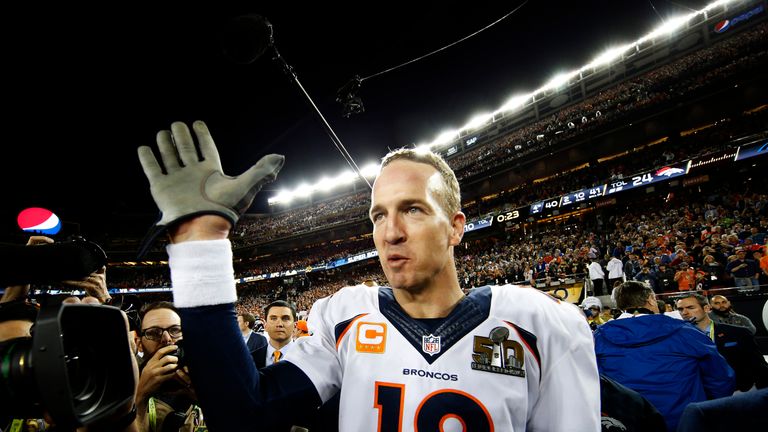 Peyton Manning #18 of the Denver Broncos celebrates after defeating the Carolina Panthers during Super Bowl 50 