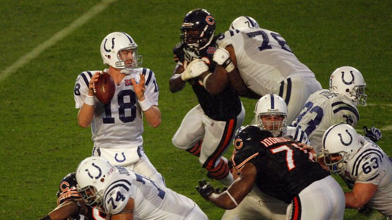 Peyton Manning #18 of the Indianapolis Colts looks to pass against the Chicago Bears during Super Bowl XLI on February 4,