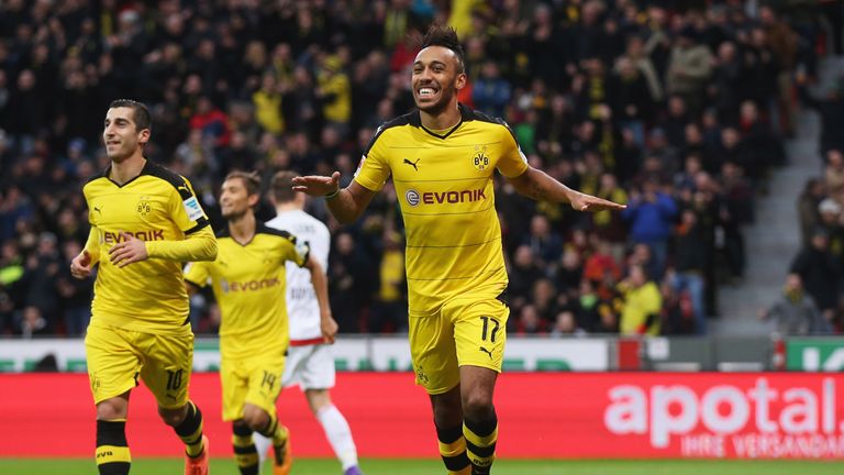 Pierre-Emerick Aubameyang of Borussia Dortmund celebrates as he scores their first goal during the Bundesliga match at Bayer Leverkusen