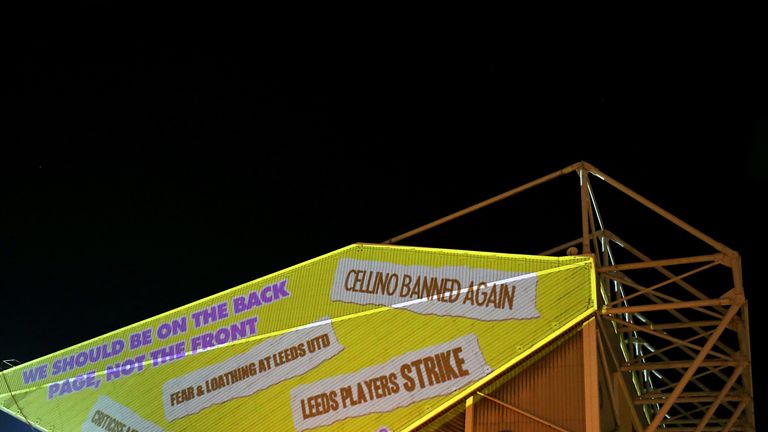 Projections, in protest of Leeds United owner Massimo Cellino, are seen prior to the Sky Bet Championship match against Middlesbrough at Elland Road
