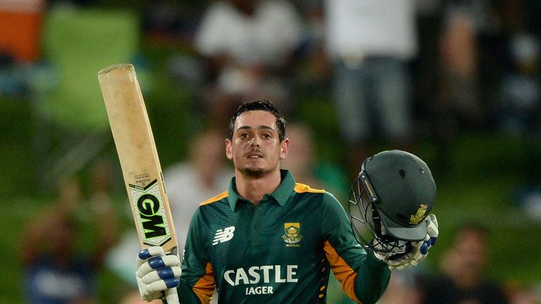 Quinton de Kock celebrates reaching his century during the third ODI