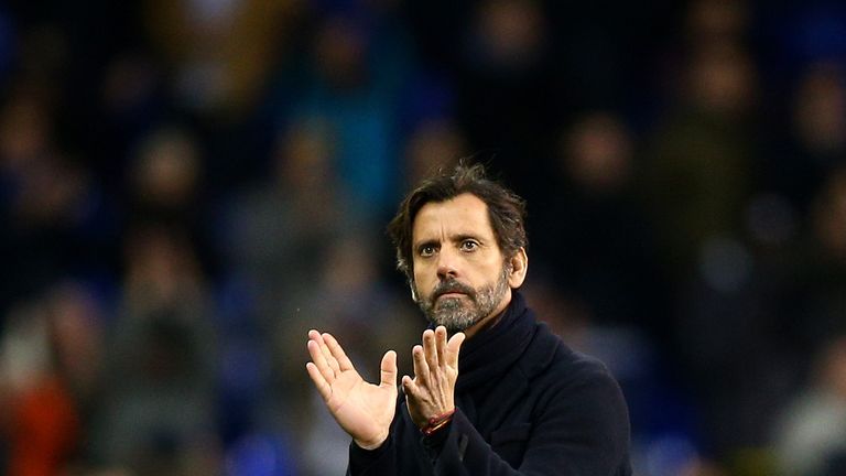 Quique Flores manager of Watford applauds the supporters after the Premier League match between Tottenham Hotspur and Watford
