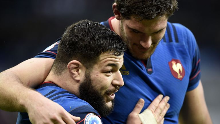 Frances prop Rabah Slimani (left) and lock Alexandre Flanquart react at the end of the Six Nations match between France and Ireland