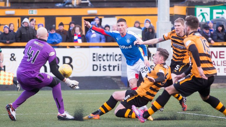Rangers Michael O'Halloran shot is saved by Alloa keeper Scott Gallacher during the Ladbrokes Scottish Championship match at the Indodrill Stadium, Alloa.