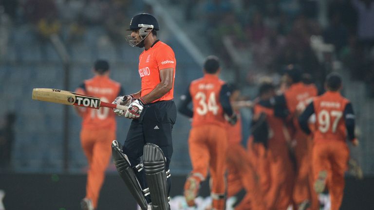 CHITTAGONG, BANGLADESH - MARCH 31:  Ravi Bopara of England leaves the field after being dismissed by Logan van Beek of the Netherlands during the ICC World