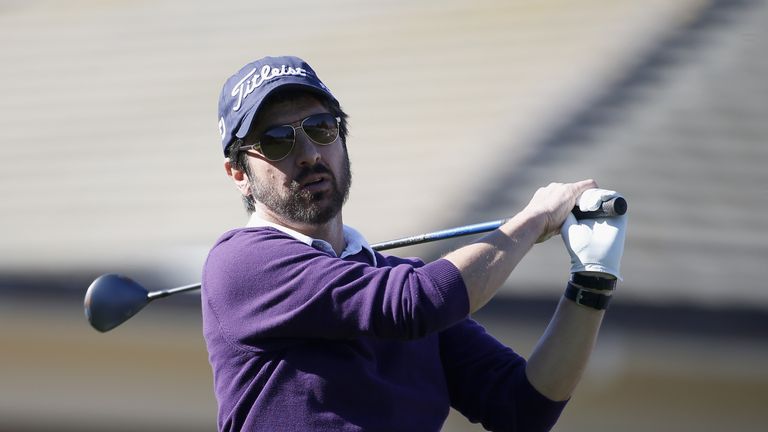 Comedian Ray Romano tees off on the 1st hole during the 3M Celebrity Challenge prior to the AT&T Pebble Beach 