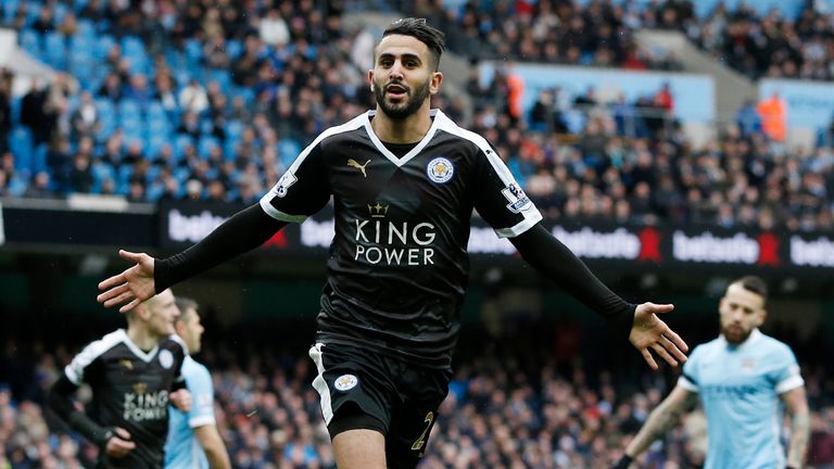 Leicester City's midfielder Riyad Mahrez celebrates