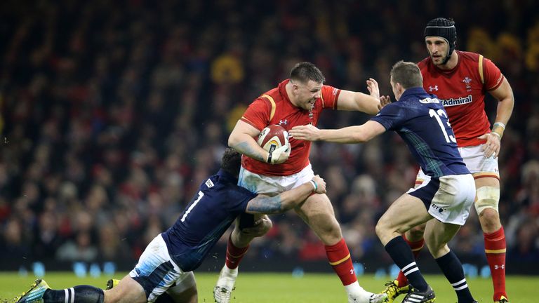 RBS 6 Nations Championship Round 2, Principality Stadium, Cardiff, Wales 13/2/2016nWales vs ScotlandnWales' Rob Evans is tackled by John Hardie and Mark Be