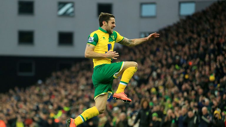 Robbie Brady of Norwich City celebrates scoring his team's first goal