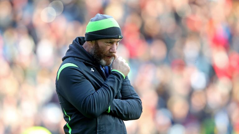 Robin McBryde the Wales forwards coach looks on during the Six Nations match between Scotland and Wales at Murrayfield Stadium