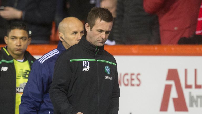 Celtic manager Ronny Deila looks dejected during the Ladbrokes Scottish Premiership match at the Pittodrie Stadium, Aberdeen