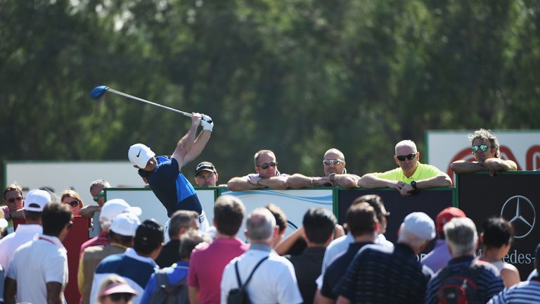  Rory McIlroy of Northern Ireland tees off on the 16th hole during the final round of the Omega Dubai Desert Classic