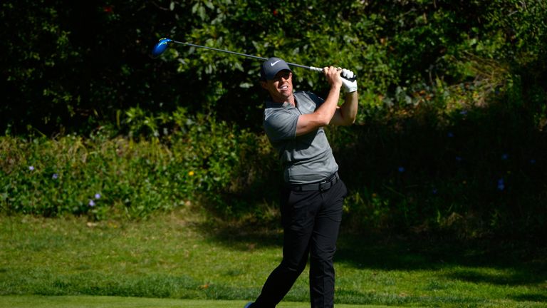 Rory McIlroy of Northern Ireland tees off on the 13th hole during the final round of the Northern Trust Open