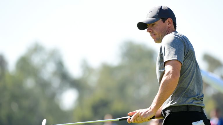 Rory McIlroy of Northern Ireland putts on the second hole during the final round of the Northern Trust Open at Riviera Country Club 