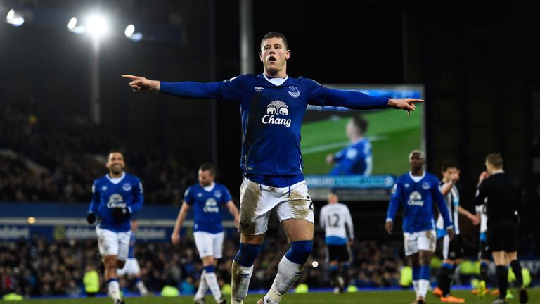 Ross Barkley celebrates after scoring his team's third goal from the penalty spot against Newcastle