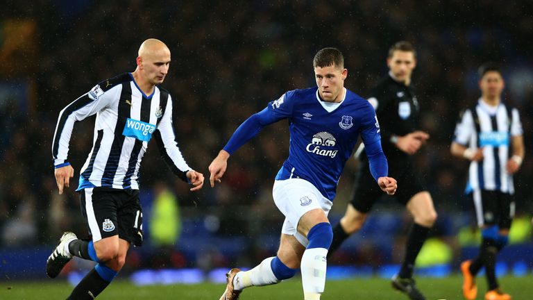 Ross Barkley of Everton is pursued by Jonjo Shelvey of Newcastle United during the Barclays Premier League match in February 2016