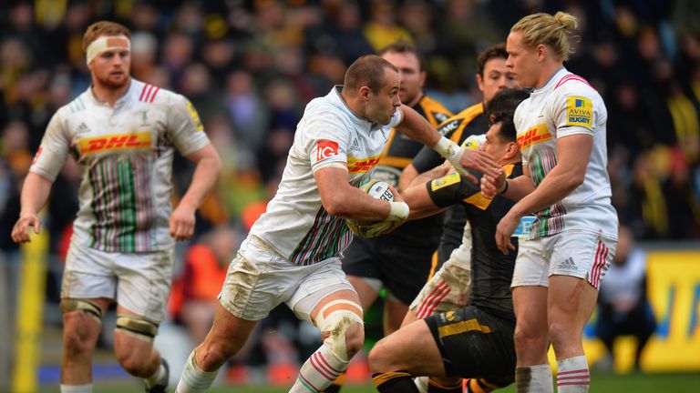 COVENTRY, ENGLAND - FEBRUARY 28:  Ross Chisholm of Harlequins charges forward during the Aviva Premiership match between Wasps and Harlequins at The Ricoh 