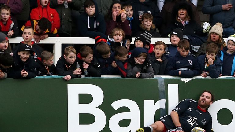 Andy Goode of  Newcastle Falcons reacts after a late hit against Northampton