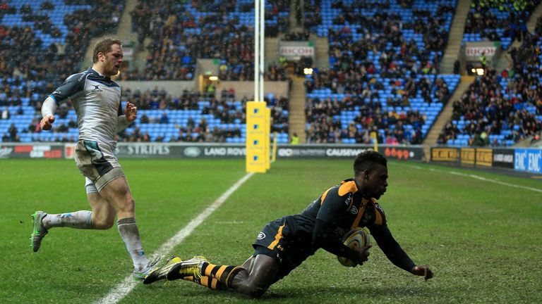 Wasps wing Christian Wade crosses for a disallowed try against Newcastle