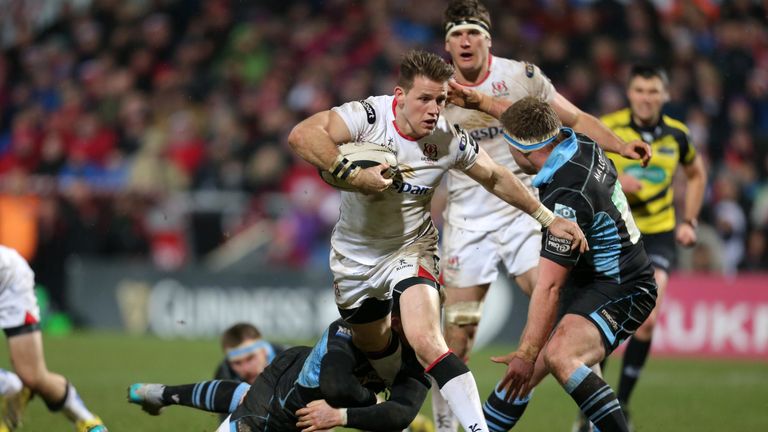 Ulster wing Craig Gilroy is tackled by Glasgow's Glenn Bryce and Alex Allan