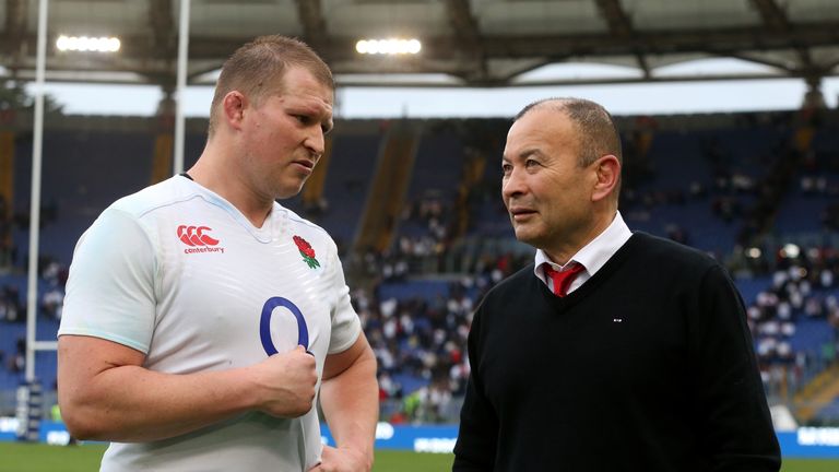 England captain Dylan Hartley speaks with head coach Eddie Jones after the Six Nations win over Italy