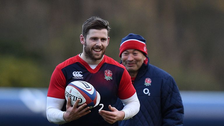 England coach Eddie Jones (right) and Wasps centre Elliot Daly during a training session at Pennyhill Park, Bagshot