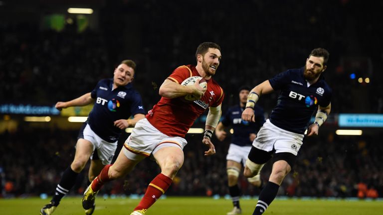 Wales wing George North scores their third try against Scotland
