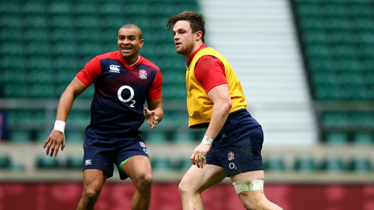 Jack Clifford (R) and Jonathan Joseph during an England Rugby open training session at Twickenham Stadium