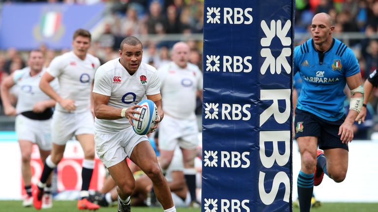England centre Jonathan Joseph scores his second of three tries against Italy