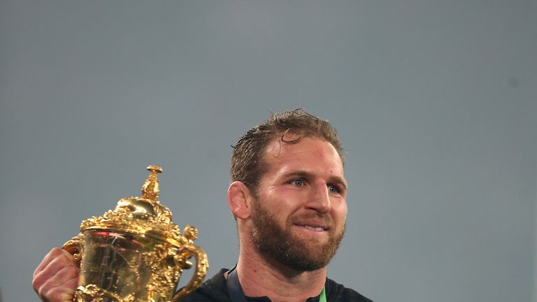 Kieran Read celebrates with the Webb Ellis Cup after New Zealand's World Cup final win over Australia