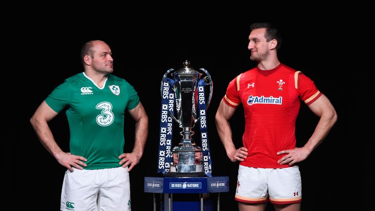 Ireland captain Rory Best and Wales captain Sam Warburton pose with the Six Nations trophy