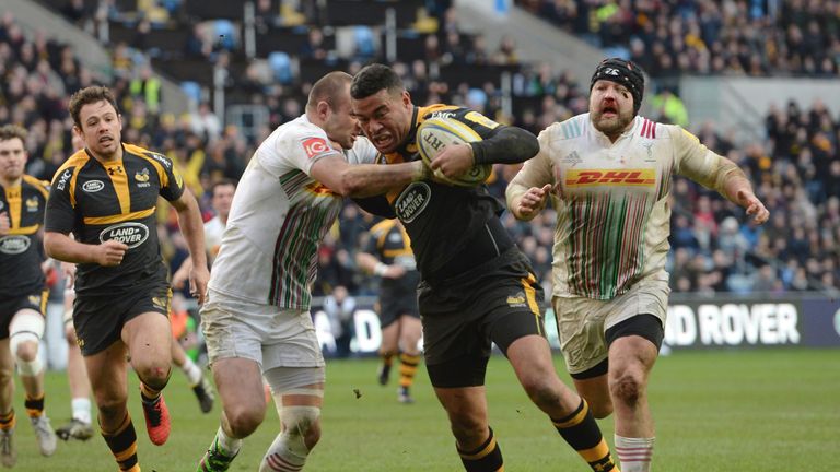 Wasps centre Siale Piutau powers over for a try against Harlequins
