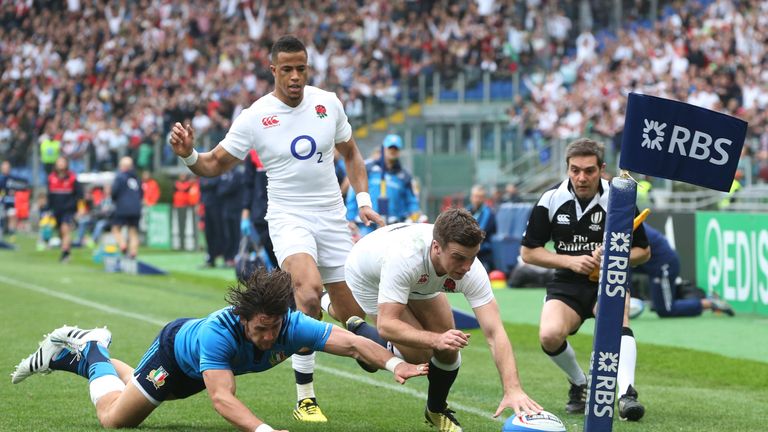 England fly-half George Ford scores their first try against Italy