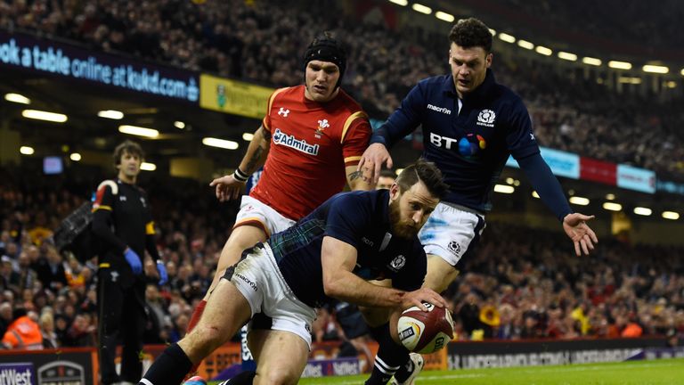 Scotland wing Tommy Seymour scores a try against Wales