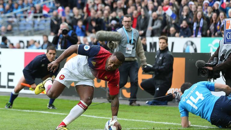 Virimi Vakatawa scores a try on his France debut against Italy in the Six Nations