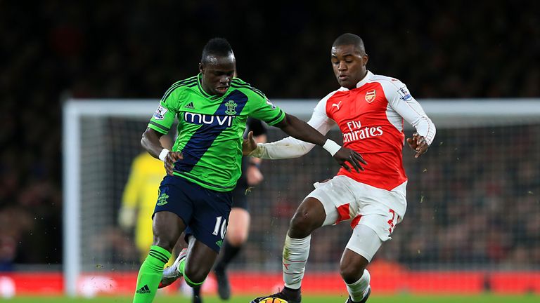 Southampton's Sadio Mane and Arsenal's Joel Campbell battle for the ball during the Barclays Premier League match at The Emirates Stadium, London.