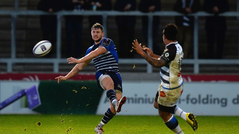 SALFORD, ENGLAND - DECEMBER 19:  Tom Brady of Sale Sharks kicks the ball to touch during the European Rugby Challenge Cup match between Sale Sharks and Cas