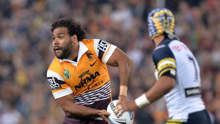 Sam Thaiday of the Broncos looks to pass during the NRL Qualifying Final match between the Brisbane Broncos and the North Queensland Cowboys