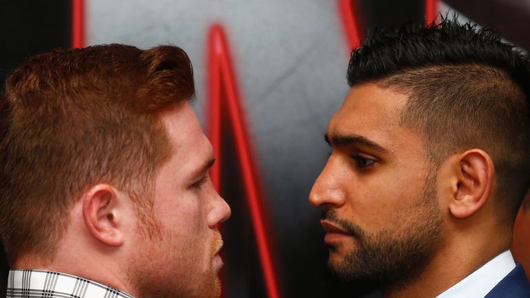 Amir Khan (right) and Canelo Alvarez go face to face