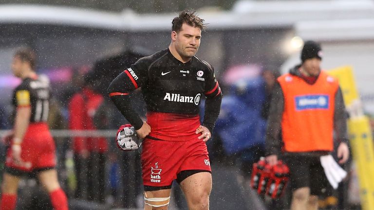 Schalk Brits of Saracens is sent off after punching Nick Wood during the Aviva Premiership match between Saracens and Gloucester