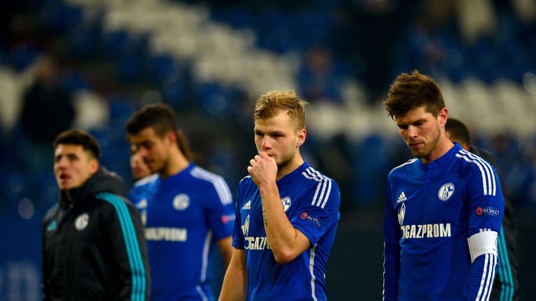 Schalke's players react after the UEFA Europa League, Round of 32 match football between FC Schalke and Shakhtar Donetsk