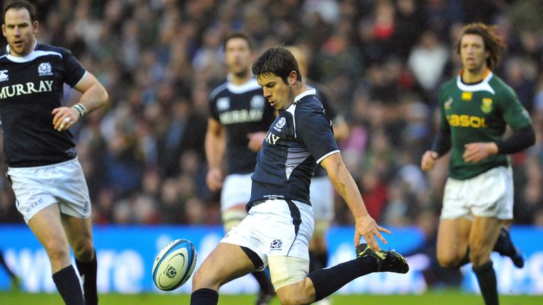 EDINBURGH, SCOTLAND - NOVEMBER 20: Hugo Southwell of Scotland kicks for touch during the international match between South Africa and Scotland at Murrayfie