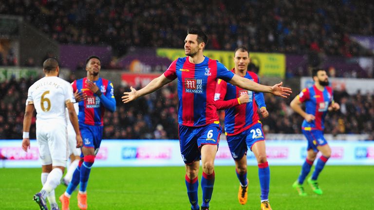 Scott Dann of Crystal Palace celebrates scoring his team's first goal during the Barclays Premier League match 