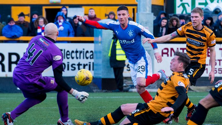 CHAMPIONSHIP.ALLOA V RANGERS.INDODRILL STADIUM - ALLOA.Alloa keeper Scott Gallacher (left) saves a Michael O'Halloran shot