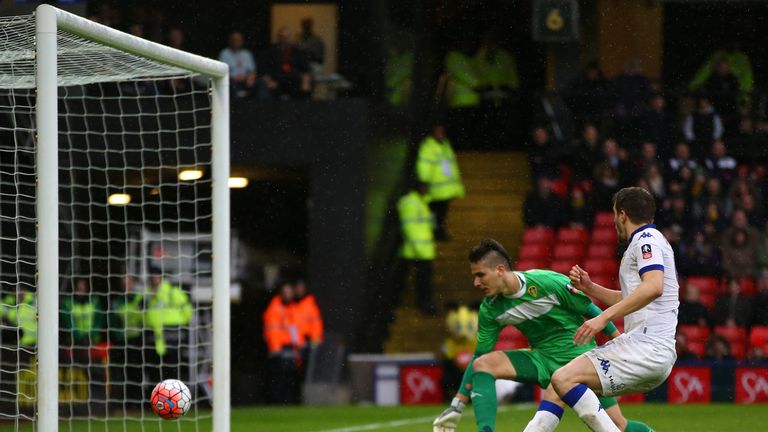Leeds' Scott Wootton scores an own goal against Watford