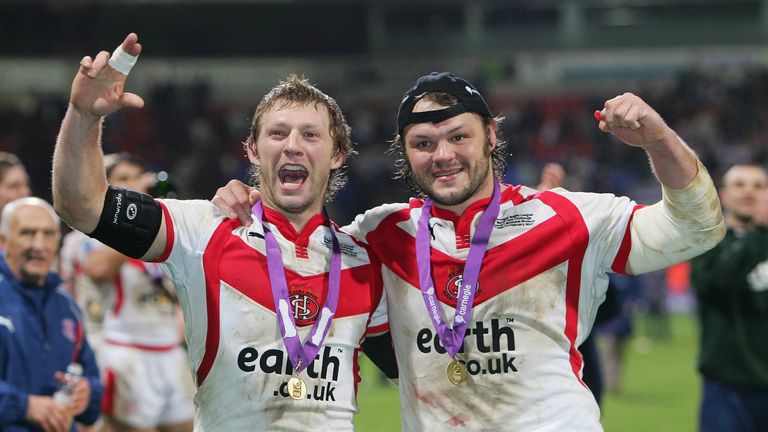 Sean Long and Keiron Cunningham of St Helens celebrate their victory over the Brisbane Broncos